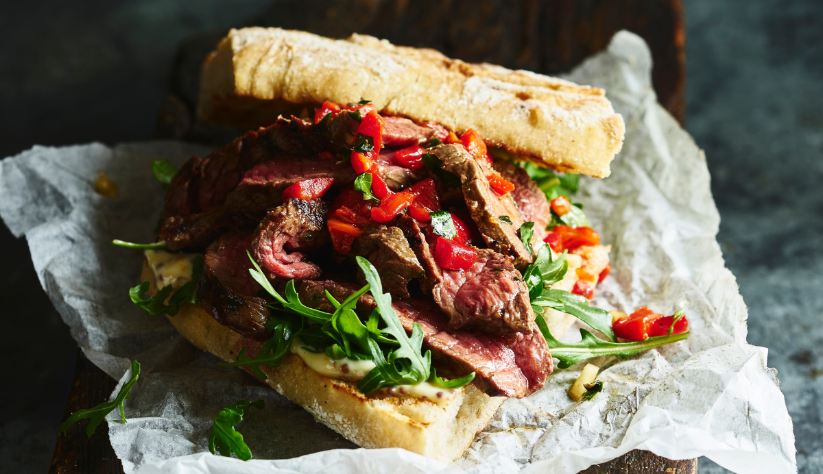 Grilled Steak, Arugula, and Roasted Red Pepper Sandwich